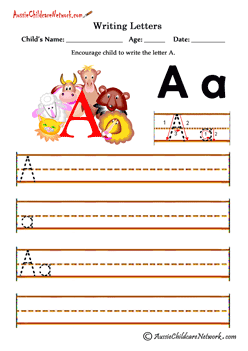 Writing alphabet A a kids printables Animals