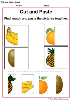 Matching Fruits Banana, Orange, Kiwi and Pineapple Cut and Paste Worksheets Printables Preschool