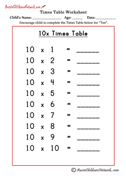 10 times tables chart