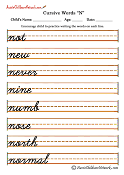 cursive words writing practice worksheets Nn