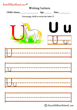 Writing alphabet Uu kids printables unicorn