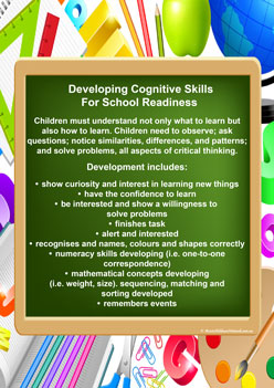 cognitive developmental skills school readiness big school preschool children classroom display poster