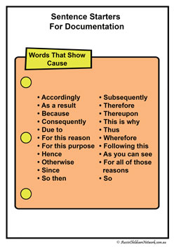 Sentence Starters Posters Words That Show Cause Display Posters EYLF MTOP Programming
