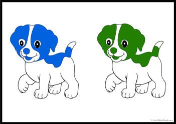 Dog Colour Match All4,  pets theme, colour recognition worksheets for preschool, learning primary colours worksheet for preschool, learning secondary colours worksheets for children, preschool colours
