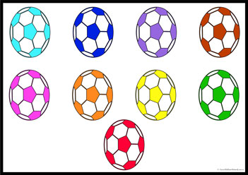 Soccer Ball Colour Match All4, matching colours worksheets, primary colour worksheets for children, secondary colour printables for children, ball colours worksheets,