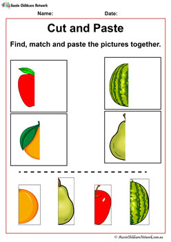 Matching Fruits Apple, Watermelon, Orange and Pear Cut and Paste Worksheets Printables preschool