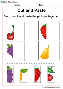 Matching Fruits Cherries, Strawberry, Grapes and Mango Cut and Paste Worksheets Printables Preschool