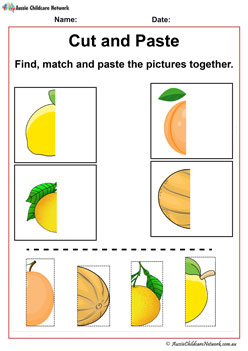 Matching Fruits Lemon, Apricot, Grapefruit and Melon Cut and Paste Worksheets Printables Preschool