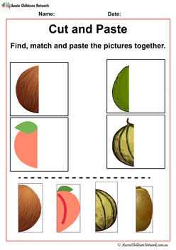 Matching Fruits Coconut, Avacado, Peach and Rockmelon Cut and Paste Worksheets Printables Preschool