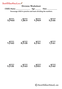 Long Division Worksheets (with and without Remainders) - Aussie