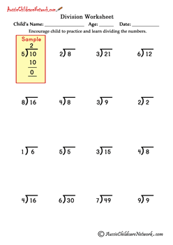 single digit quotient division worksheets