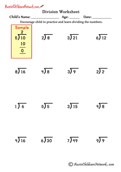 Single Digit Quotient Simple Division Worksheets (No Remainders