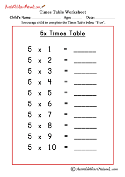 5 multiplication times table printable