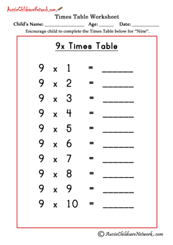 times tables 9 worksheet