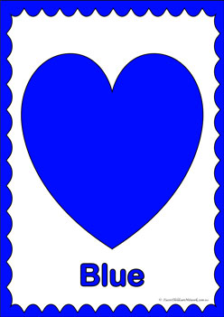 Heart Colours Poster Blue, learning primary colours, learning secondary colours, colour displays, valentines day colouring hearts, heats theme colour posters