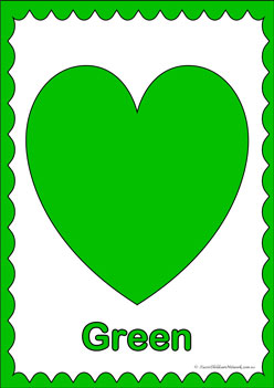 Heart Colours Poster Green, learning primary colours, learning secondary colours, colour displays, valentines day colouring hearts, heats theme colour posters