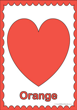 Heart Colours Poster Orange, learning primary colours, learning secondary colours, colour displays, valentines day colouring hearts, heats theme colour posters
