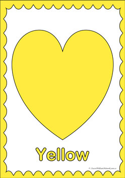 Heart Colours Poster Yellow, learning primary colours, learning secondary colours, colour displays, valentines day colouring hearts, heats theme colour posters