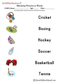Pictures and words worksheets Sports