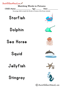 matching words pictures worksheets Ocean Animals