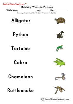 matching words and pictures printables Reptile Animals