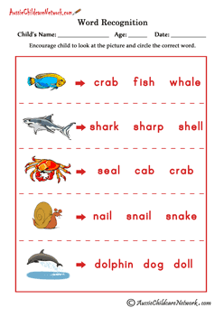 word recognition Sea Creatures