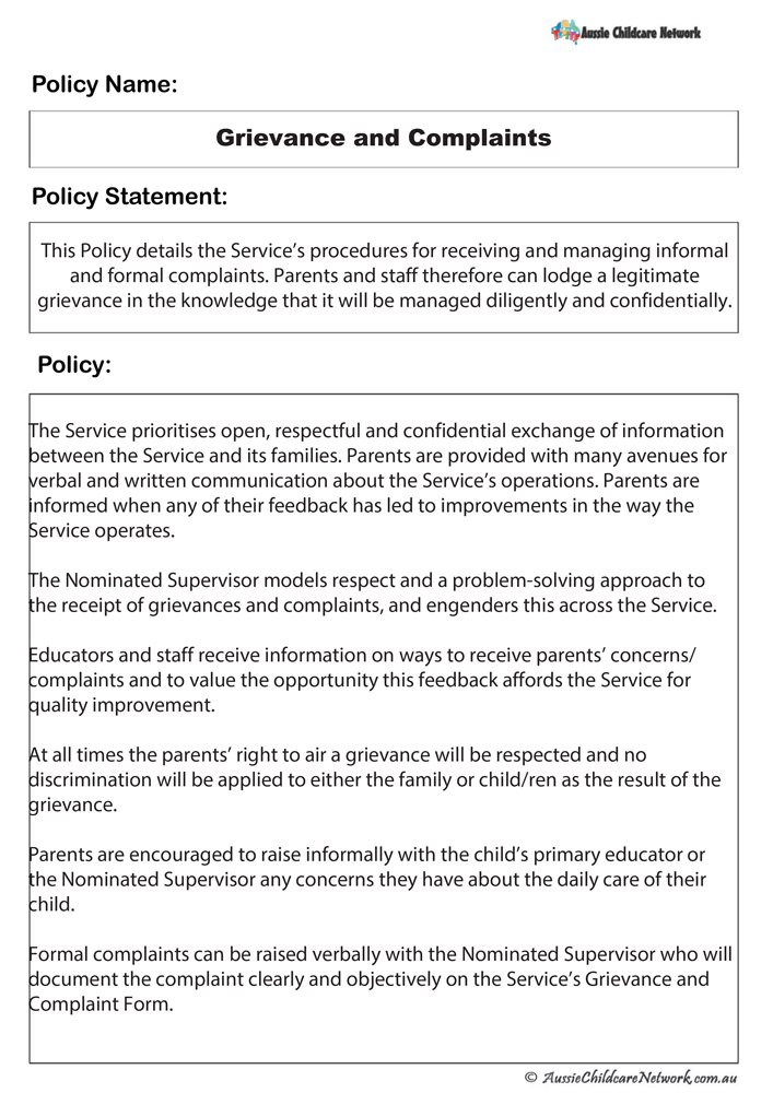 Policy Template Aussie Childcare Network