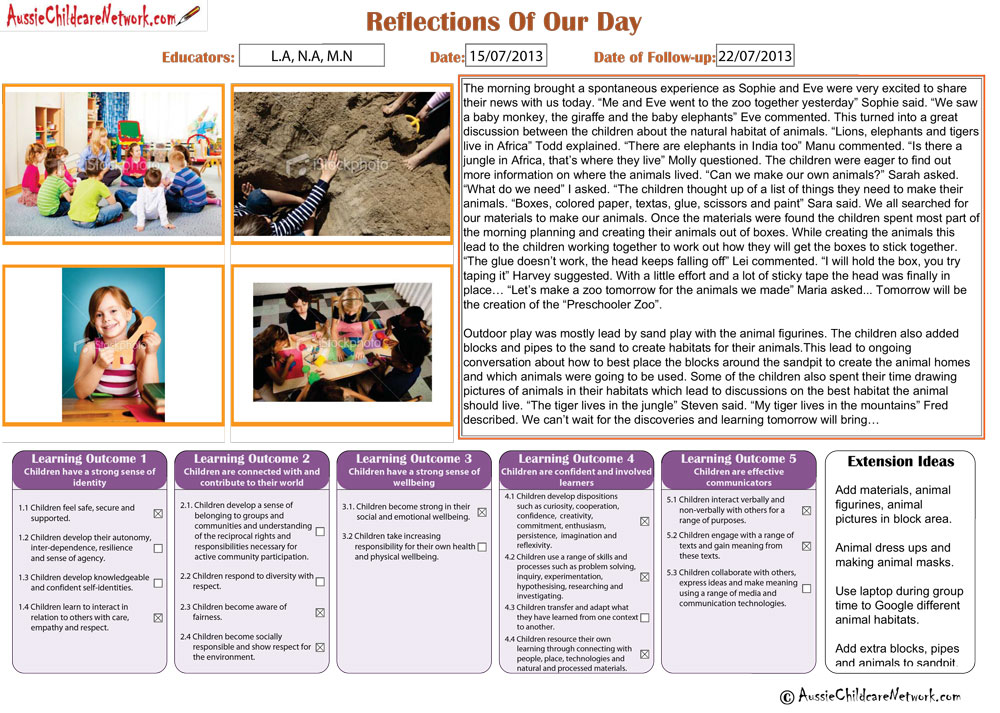 child care daily reflection examples