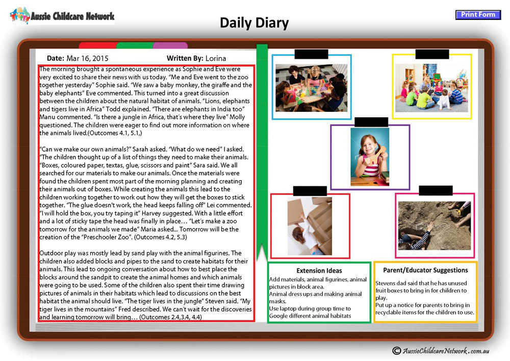 Daily Diary Aussie Childcare Network