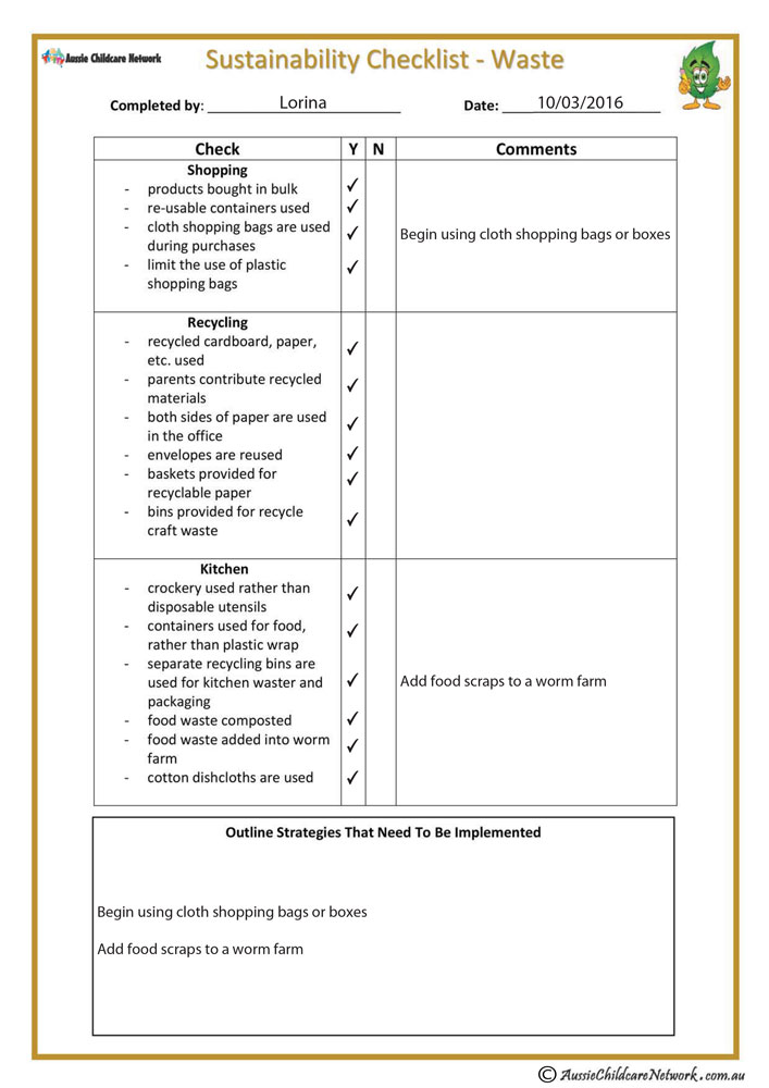 Sustainability Checklist Waste Aussie Childcare Network