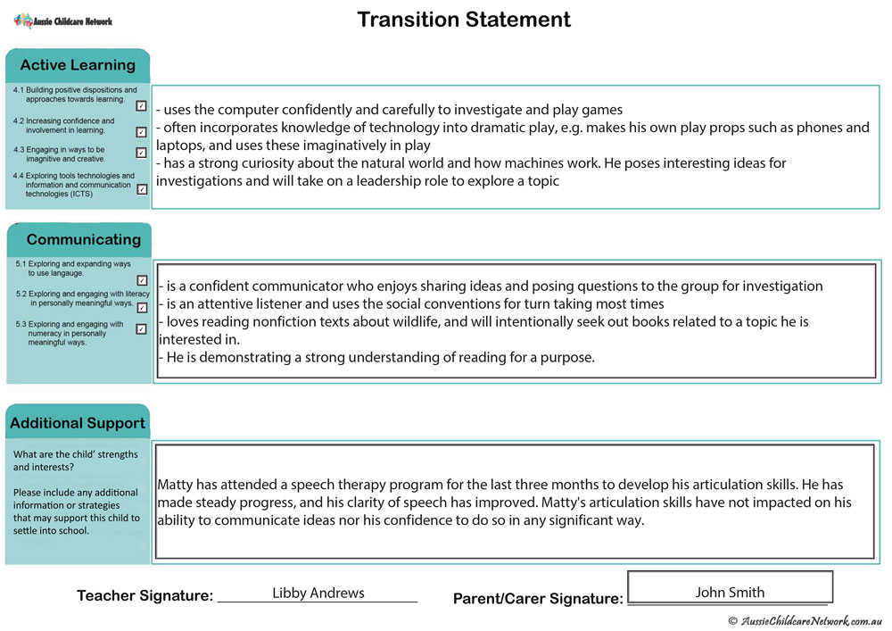 Transition Statement QLD Aussie Childcare Network