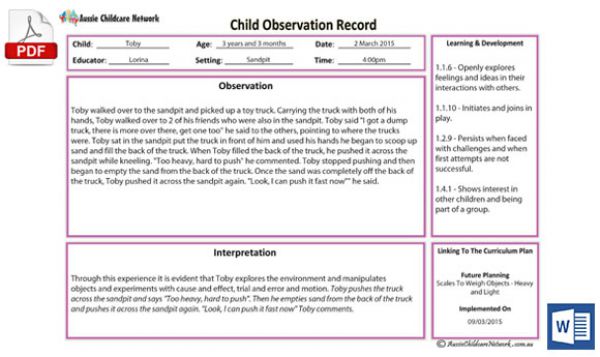 Child Obs Anecdotal Record Template Aussie Childcare Network