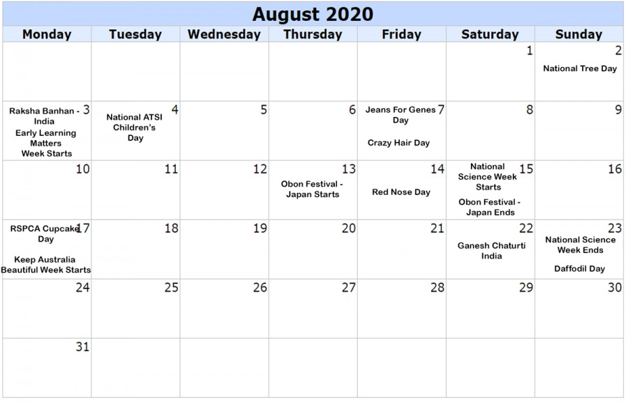 August Calendar Of Events 2020