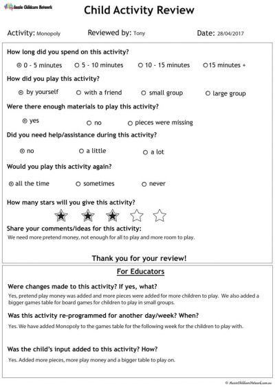 Child Activity Review Template For OOSH