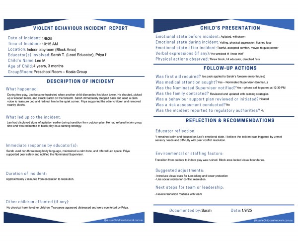Violent Behaviour Incident Report