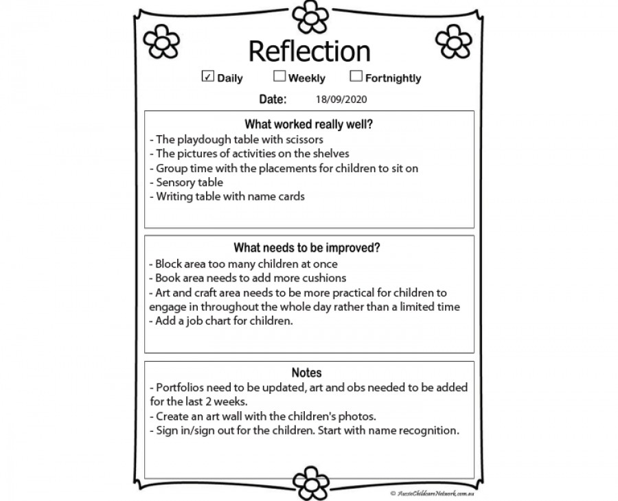 child care daily reflection examples