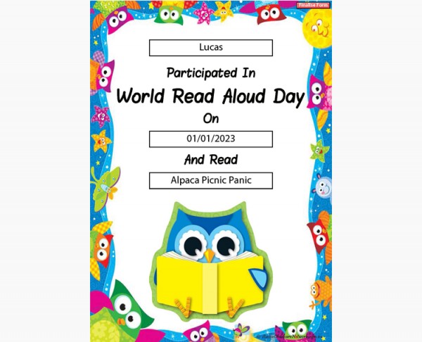 World Read Aloud Day Certificate