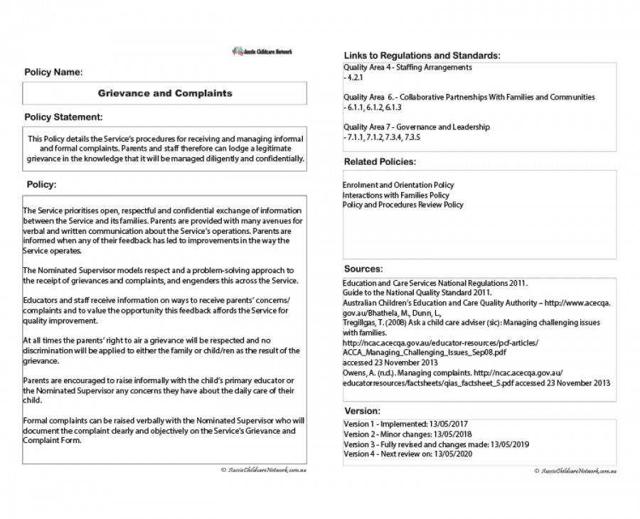 Policy Template Aussie Childcare Network