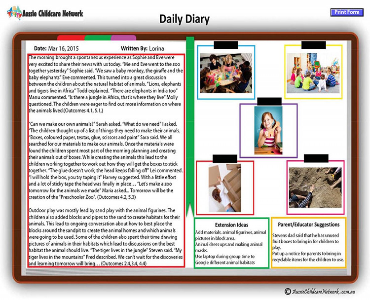 child care daily reflection examples